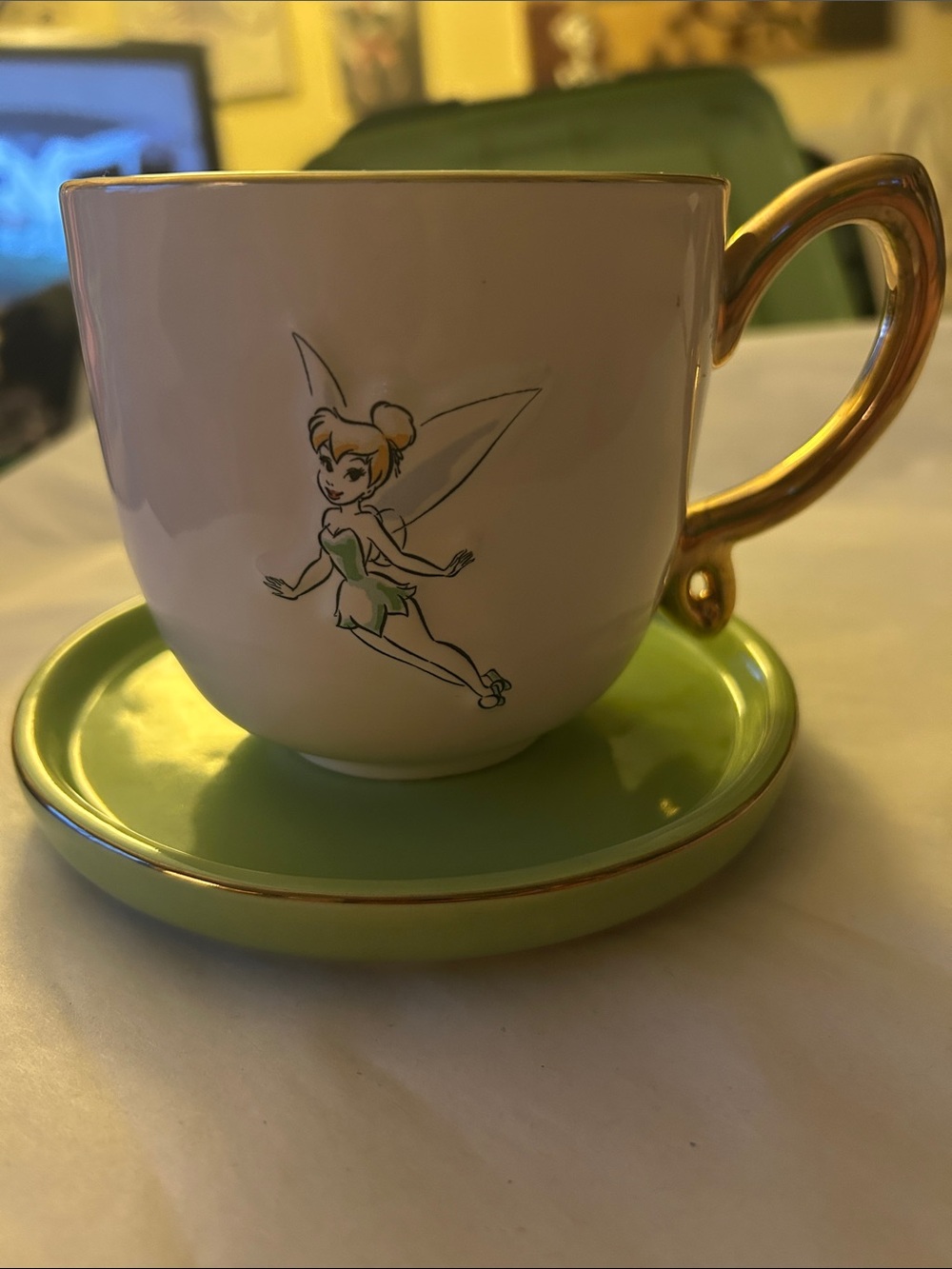 Rae Dunn Disney Tinker Bell Oversized Teacup & Saucer Set Gold Handle